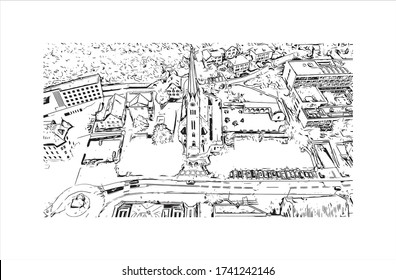 Building view with landmark of Vaduz, the capital of Liechtenstein, sits on the Rhine River near the Swiss border. Hand drawn sketch illustration in vector.