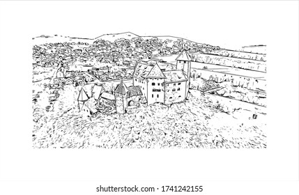 Building view with landmark of Vaduz, the capital of Liechtenstein, sits on the Rhine River near the Swiss border. Hand drawn sketch illustration in vector.