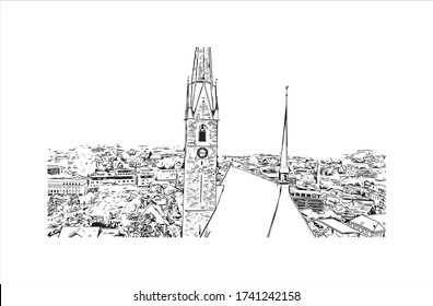 Building view with landmark of Vaduz, the capital of Liechtenstein, sits on the Rhine River near the Swiss border. Hand drawn sketch illustration in vector.