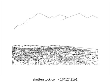 Building view with landmark of Vaduz, the capital of Liechtenstein, sits on the Rhine River near the Swiss border. Hand drawn sketch illustration in vector.