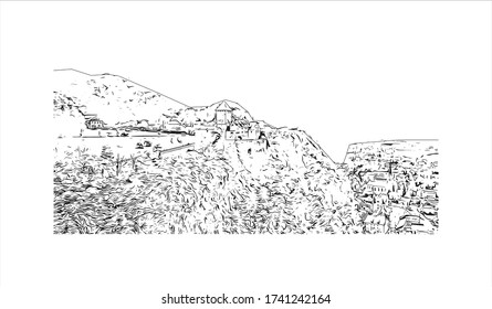 Building view with landmark of Vaduz, the capital of Liechtenstein, sits on the Rhine River near the Swiss border. Hand drawn sketch illustration in vector.