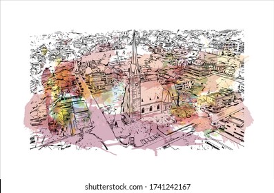 Building view with landmark of Vaduz, the capital of Liechtenstein, sits on the Rhine River near the Swiss border. Watercolor splash with Hand drawn sketch illustration in vector.