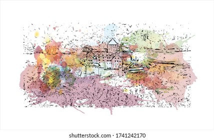 Building view with landmark of Vaduz, the capital of Liechtenstein, sits on the Rhine River near the Swiss border. Watercolor splash with Hand drawn sketch illustration in vector.