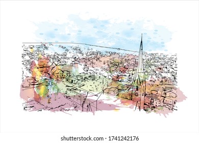 Building view with landmark of Vaduz, the capital of Liechtenstein, sits on the Rhine River near the Swiss border. Watercolor splash with Hand drawn sketch illustration in vector.