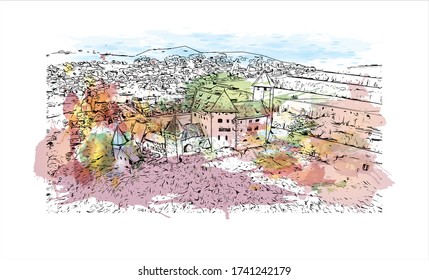 Building view with landmark of Vaduz, the capital of Liechtenstein, sits on the Rhine River near the Swiss border. Watercolor splash with Hand drawn sketch illustration in vector.