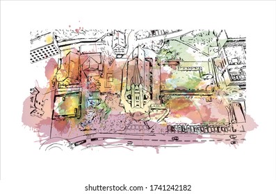 Building view with landmark of Vaduz, the capital of Liechtenstein, sits on the Rhine River near the Swiss border. Watercolor splash with Hand drawn sketch illustration in vector.