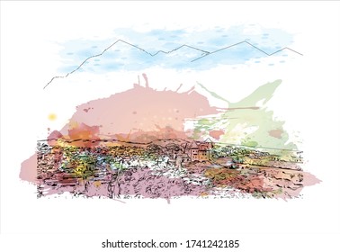 Building view with landmark of Vaduz, the capital of Liechtenstein, sits on the Rhine River near the Swiss border. Watercolor splash with Hand drawn sketch illustration in vector.