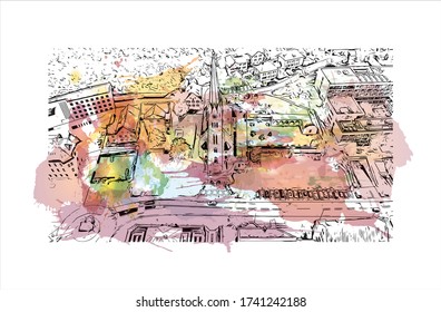 Building view with landmark of Vaduz, the capital of Liechtenstein, sits on the Rhine River near the Swiss border. Watercolor splash with Hand drawn sketch illustration in vector.