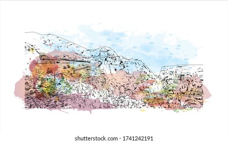 Building view with landmark of Vaduz, the capital of Liechtenstein, sits on the Rhine River near the Swiss border. Watercolor splash with Hand drawn sketch illustration in vector.