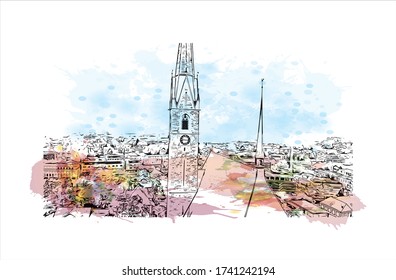 Building view with landmark of Vaduz, the capital of Liechtenstein, sits on the Rhine River near the Swiss border. Watercolor splash with Hand drawn sketch illustration in vector.