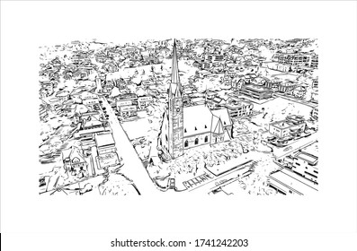 Building view with landmark of Vaduz, the capital of Liechtenstein, sits on the Rhine River near the Swiss border. Hand drawn sketch illustration in vector.