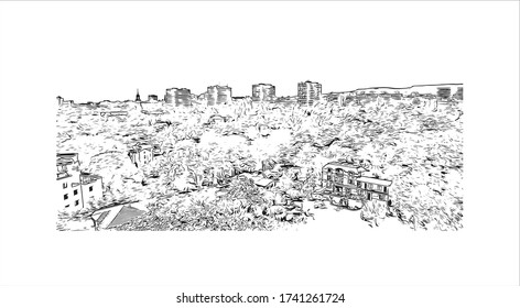 Building view with landmark of Varna is the third-largest city in Bulgaria. Hand drawn sketch illustration in vector.