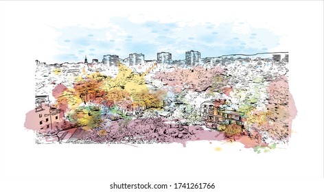 Building view with landmark of Varna is the third-largest city in Bulgaria. Watercolor splash with Hand drawn sketch illustration in vector.