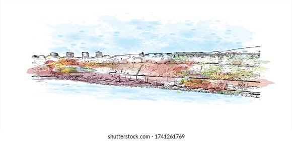 Building view with landmark of Varna is the third-largest city in Bulgaria. Watercolor splash with Hand drawn sketch illustration in vector.