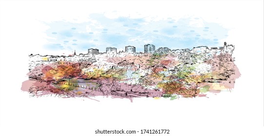 Vista de edificios con punto de referencia de Varna es la tercera ciudad más grande de Bulgaria. Salto de color de agua con ilustración de esbozo dibujada a mano en vector.