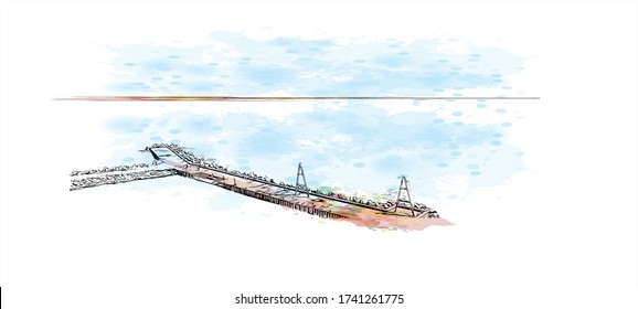 Vista de edificios con punto de referencia de Varna es la tercera ciudad más grande de Bulgaria. Salto de color de agua con ilustración de esbozo dibujada a mano en vector.