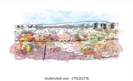 Building view with landmark of Varna is the third-largest city in Bulgaria. Watercolor splash with Hand drawn sketch illustration in vector.