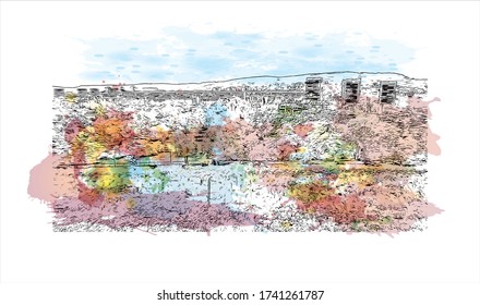 Building view with landmark of Varna is the third-largest city in Bulgaria. Watercolor splash with Hand drawn sketch illustration in vector.