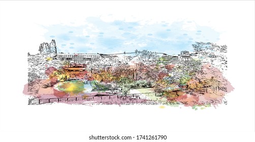 Building view with landmark of Varna is the third-largest city in Bulgaria. Watercolor splash with Hand drawn sketch illustration in vector.