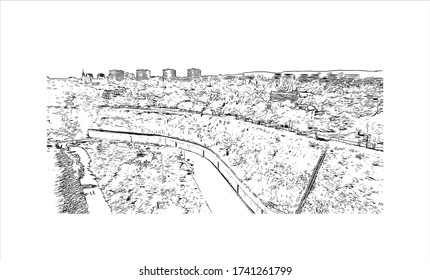 Building view with landmark of Varna is the third-largest city in Bulgaria. Hand drawn sketch illustration in vector.