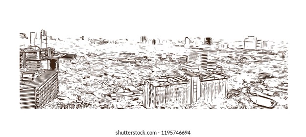 Building view with landmark of Venezuela is a country on the northern coast of South America with diverse natural attractions. Hand drawn sketch illustration in vector.