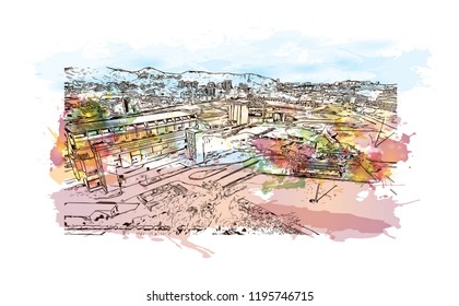 Building view with landmark of Venezuela is a country on the northern coast of South America with diverse natural attractions. Watercolor splash with Hand drawn sketch illustration in vector.