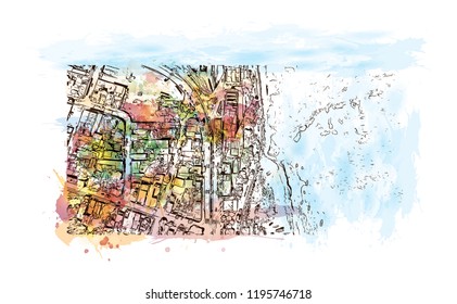 Building view with landmark of Venezuela is a country on the northern coast of South America with diverse natural attractions. Watercolor splash with Hand drawn sketch illustration in vector.