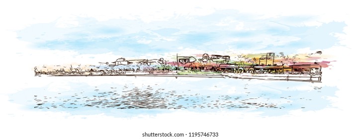 Building view with landmark of Venezuela is a country on the northern coast of South America with diverse natural attractions. Watercolor splash with Hand drawn sketch illustration in vector.