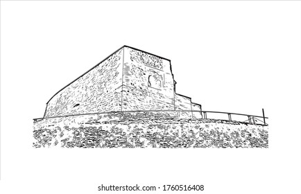 Building view with landmark of Vilnius, Lithuania’s capital, is known for its baroque architecture, seen especially in its medieval Old Town. Hand drawn sketch illustration in vector.