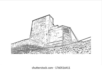 Building view with landmark of Vilnius, Lithuania’s capital, is known for its baroque architecture, seen especially in its medieval Old Town. Hand drawn sketch illustration in vector.