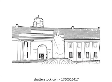 Building view with landmark of Vilnius, Lithuania’s capital, is known for its baroque architecture, seen especially in its medieval Old Town. Hand drawn sketch illustration in vector.