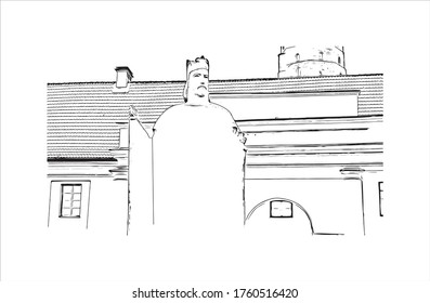 Building view with landmark of Vilnius, Lithuania’s capital, is known for its baroque architecture, seen especially in its medieval Old Town. Hand drawn sketch illustration in vector.