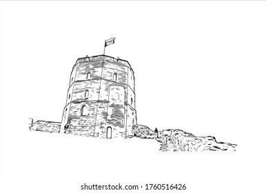 Building view with landmark of Vilnius, Lithuania’s capital, is known for its baroque architecture, seen especially in its medieval Old Town. Hand drawn sketch illustration in vector.