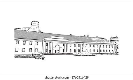Building view with landmark of Vilnius, Lithuania’s capital, is known for its baroque architecture, seen especially in its medieval Old Town. Hand drawn sketch illustration in vector.