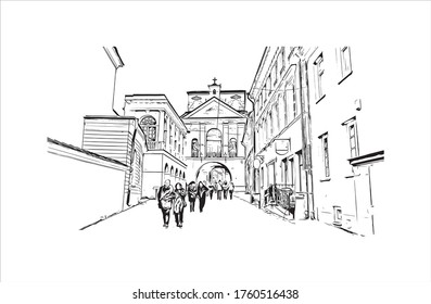Building view with landmark of Vilnius, Lithuania’s capital, is known for its baroque architecture, seen especially in its medieval Old Town. Hand drawn sketch illustration in vector.