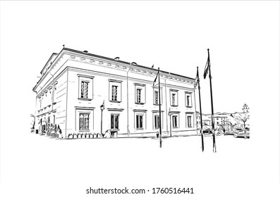 Building view with landmark of Vilnius, Lithuania’s capital, is known for its baroque architecture, seen especially in its medieval Old Town. Hand drawn sketch illustration in vector.