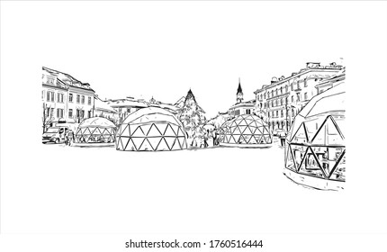 Building view with landmark of Vilnius, Lithuania’s capital, is known for its baroque architecture, seen especially in its medieval Old Town. Hand drawn sketch illustration in vector.