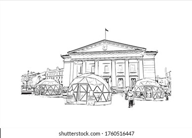 Building view with landmark of Vilnius, Lithuania’s capital, is known for its baroque architecture, seen especially in its medieval Old Town. Hand drawn sketch illustration in vector.