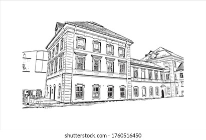 Building view with landmark of Vilnius, Lithuania’s capital, is known for its baroque architecture, seen especially in its medieval Old Town. Hand drawn sketch illustration in vector.