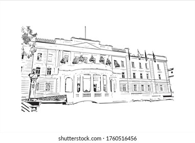 Building view with landmark of Vilnius, Lithuania’s capital, is known for its baroque architecture, seen especially in its medieval Old Town. Hand drawn sketch illustration in vector.
