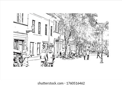 Building view with landmark of Vilnius, Lithuania’s capital, is known for its baroque architecture, seen especially in its medieval Old Town. Hand drawn sketch illustration in vector.