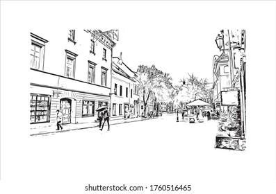 Building view with landmark of Vilnius, Lithuania’s capital, is known for its baroque architecture, seen especially in its medieval Old Town. Hand drawn sketch illustration in vector.