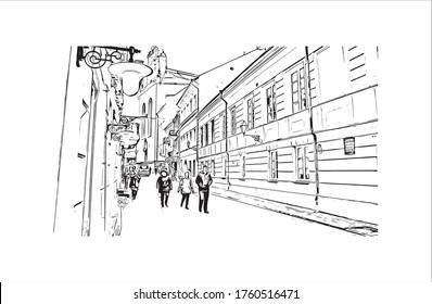 Building view with landmark of Vilnius, Lithuania’s capital, is known for its baroque architecture, seen especially in its medieval Old Town. Hand drawn sketch illustration in vector.