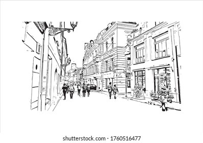 Building view with landmark of Vilnius, Lithuania’s capital, is known for its baroque architecture, seen especially in its medieval Old Town. Hand drawn sketch illustration in vector.
