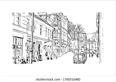 Building view with landmark of Vilnius, Lithuania’s capital, is known for its baroque architecture, seen especially in its medieval Old Town. Hand drawn sketch illustration in vector.