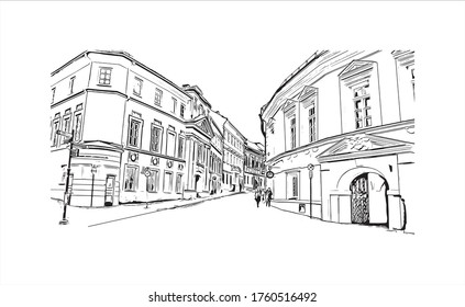 Building view with landmark of Vilnius, Lithuania’s capital, is known for its baroque architecture, seen especially in its medieval Old Town. Hand drawn sketch illustration in vector.