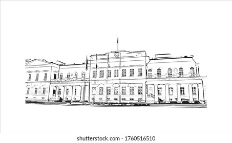 Building view with landmark of Vilnius, Lithuania’s capital, is known for its baroque architecture, seen especially in its medieval Old Town. Hand drawn sketch illustration in vector.