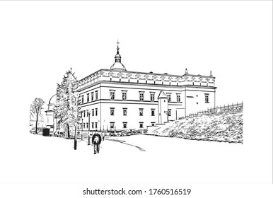 Building view with landmark of Vilnius, Lithuania’s capital, is known for its baroque architecture, seen especially in its medieval Old Town. Hand drawn sketch illustration in vector.