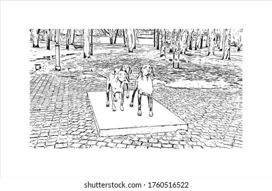 Building view with landmark of Vilnius, Lithuania’s capital, is known for its baroque architecture, seen especially in its medieval Old Town. Hand drawn sketch illustration in vector.