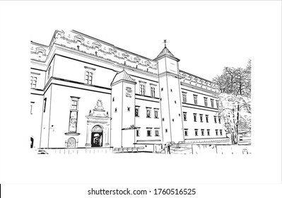 Building view with landmark of Vilnius, Lithuania’s capital, is known for its baroque architecture, seen especially in its medieval Old Town. Hand drawn sketch illustration in vector.